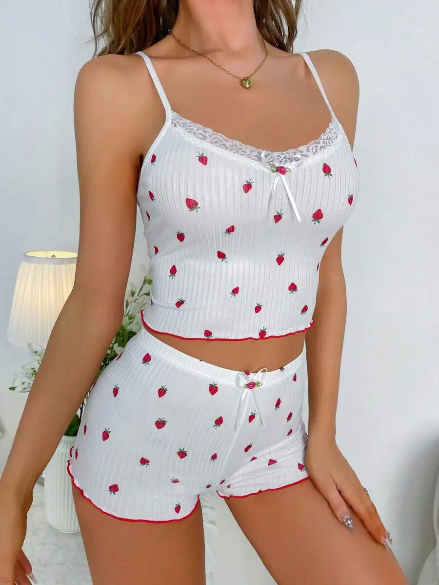 2 PCS Strawberry print Women Pajama Girls Cute Lace Homewear Underwear Thin Casual Night Sleepwear Nightwear Top and Panty Set