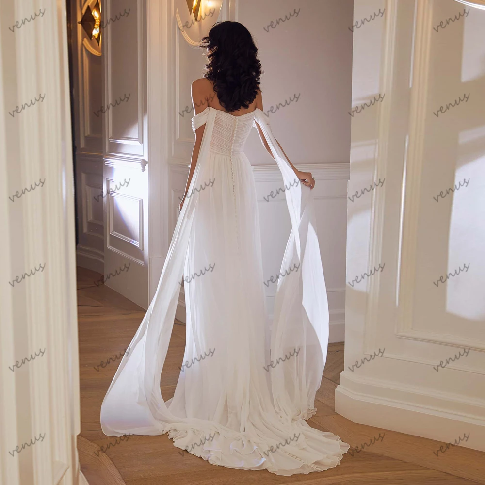 Sexy Wedding Dresses Graceful Bridal Gowns Off The Shoulder Chiffon Robes For Formal Party Illusion High Slit Vestido De Novia