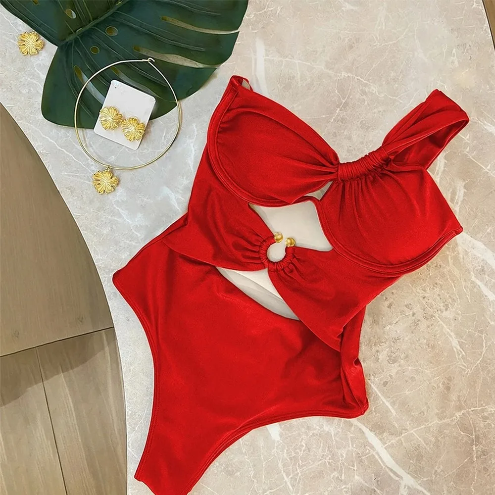 Plus Size One Shoulder Twist Monokini Women's Push Up Underwire Solid One Piece Swimwear Bathing Suit Tankini Swimsuits Women Br