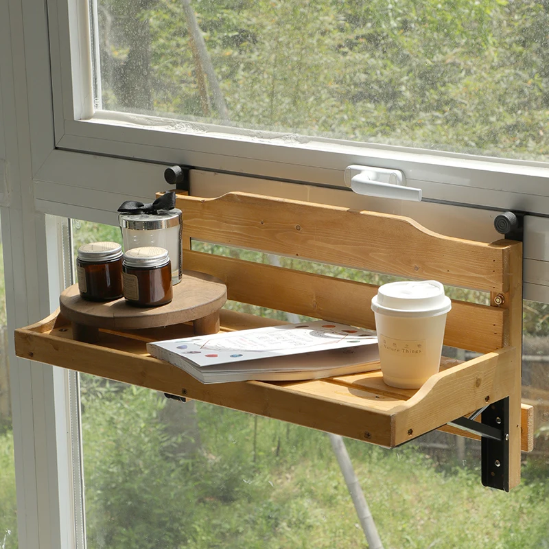 

‌Solid Wood Folding Bar Table - Hanging Window Sill Mounted Bistro Desk for Balcony Small Space Tea Counter with Adjustable Legs