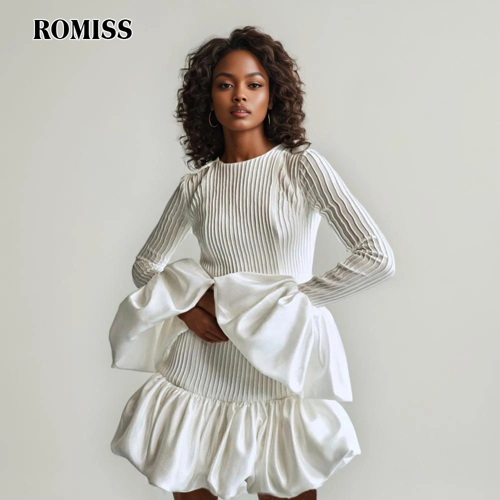 ROMISS Solid Knitted Short Dresses For Women O Neck Spliced Ruffle Long Sleeve High Waist Asymmetrical Hem Dress Female Autumn