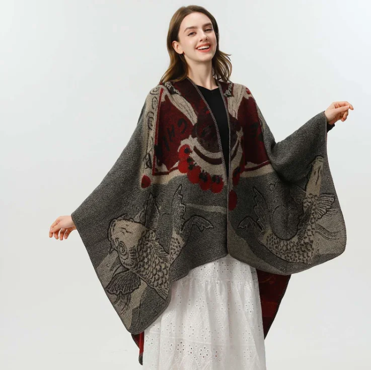 Poncho New Chinese Style Women's Shawl Scarf - Niche Fashion Thicker Koi Print Cape Travel Photo Outerwear Sweater Cloak
