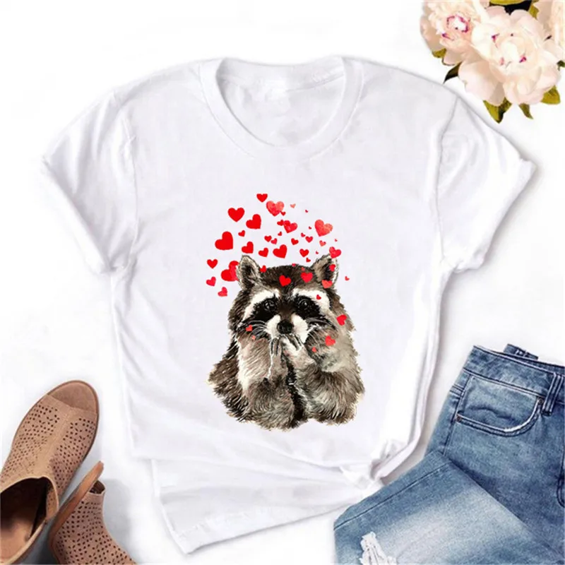 

New Summer Fashion Maycaur Lovely Love Raccoon T Shirt Women White Tshirt Harajuku Kawaii Ulzzang Short Sleeve Shirt Female Tops