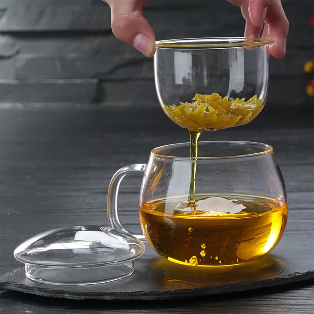 Creative Glass Tea Infuser Cup With Transparent Filter Handle Bamboo Lid Heat-resistant Flower Teacup Office Tea Mug Drinkware