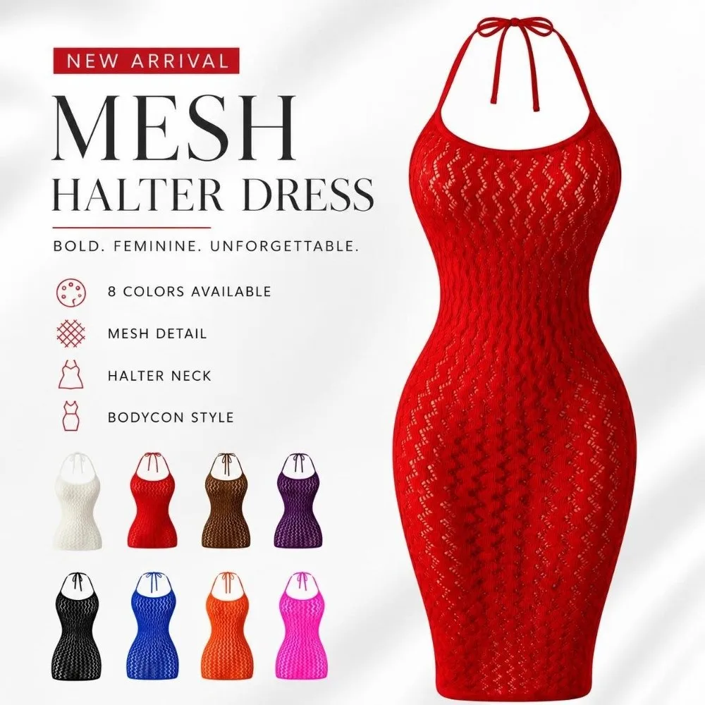 Hollow Out Halter Neck Bodycon Dress See Through Mesh Knitted Halter Midi Dress High Elastic Cover Up Backless Bodycon Dress