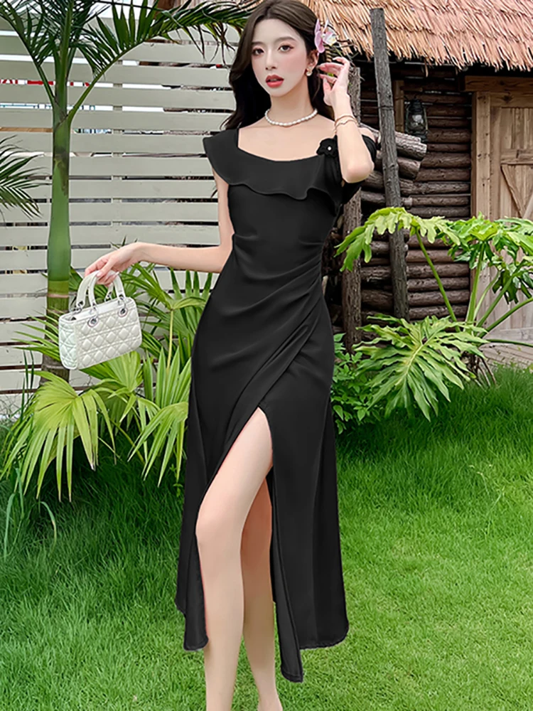レディース ピンク サテン シック オフショルダー セクシー スリング ドレス 2025 エレガント ラグジュアリー インターナショナル ドレス サマー 韓国 ボディコン イブニングドレス