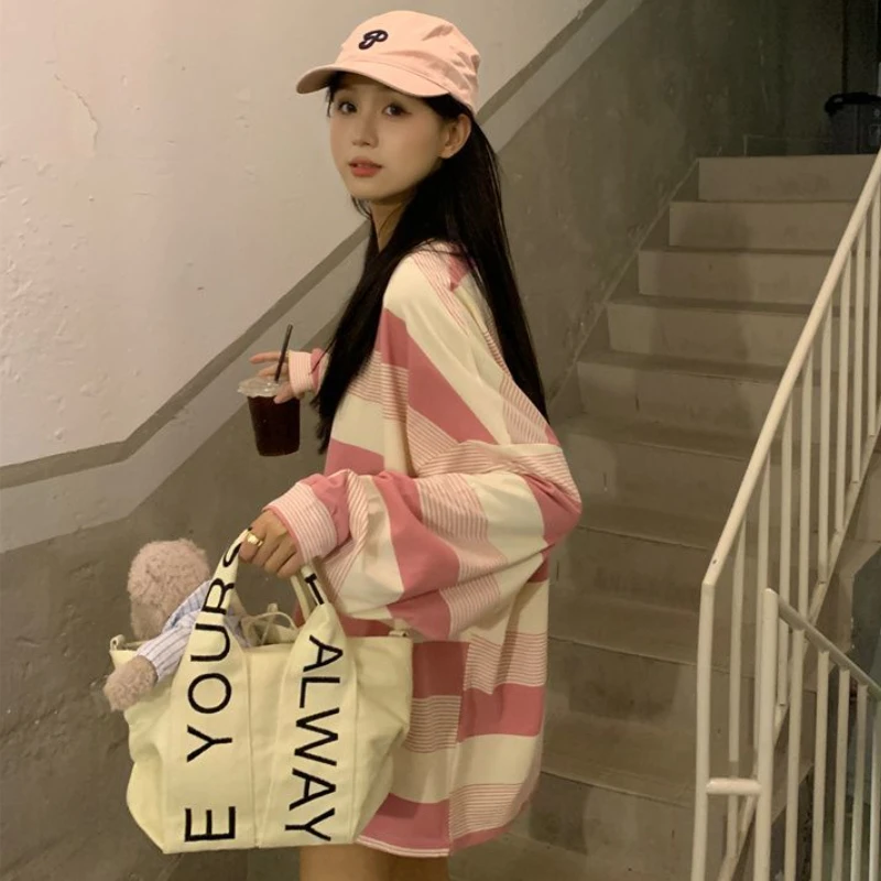 Striped T-shirts Women Harajuku Long Sleeve Baggy Clothes Panelled Sweet Personal Teens Kpop Fashion Vintage Tops Футболка Cozy