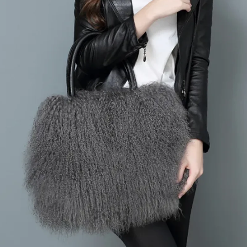 2025 Real Mongolian white Fur Bags Australian Beach Wool Fur Shoulder Bag Ladies Tibet Lamb Fur Wrist Bag Large Capacity