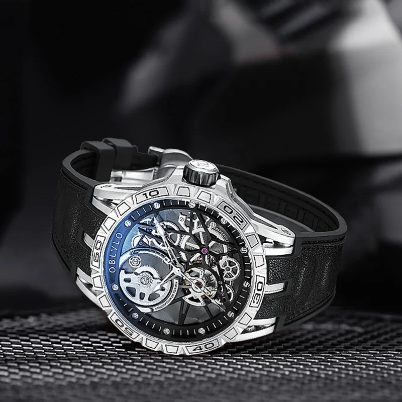 OBLVLO Men Automatic Watch 47MM Fashion Mechanical Wristwatch Waterproof Sapphire Luminous Skeleton Dial