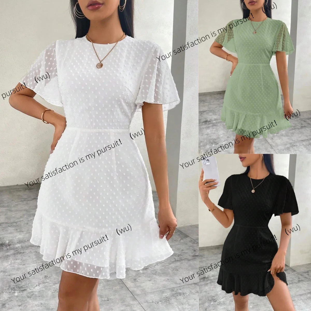 

Европейское и американское летнее новое элегантное однотонное трехмерное платье с короткими рукавами и рюшами в горошек