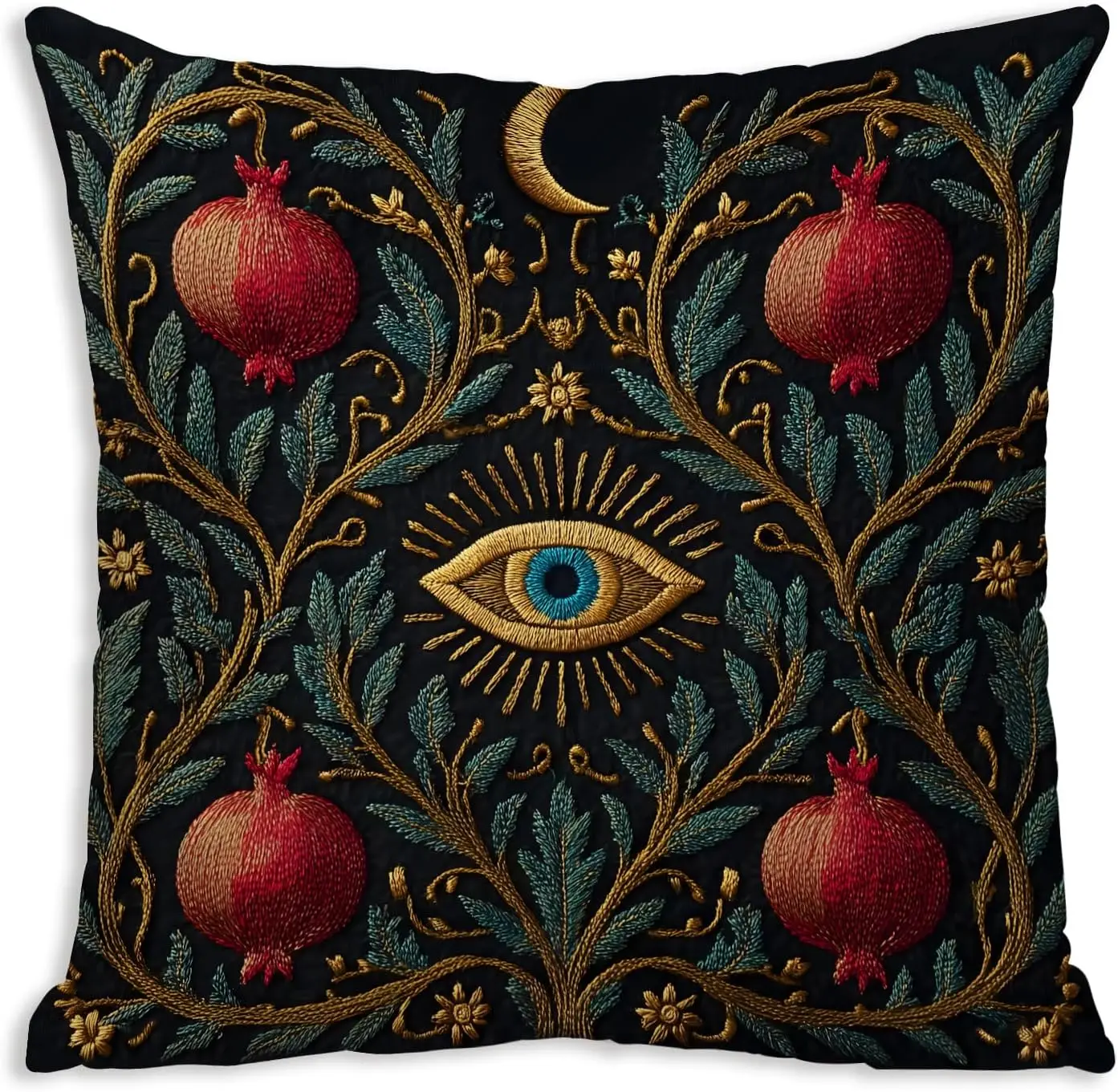 Boho Mystical Embroidered Pillowcase Eye of Providence Pomegranate Boho Cushion Cover for Spiritual Goddess Bedroom Decor