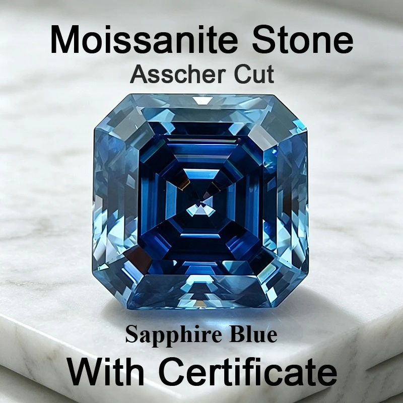 Moissanit-Stein im Asscher-Schliff, saphirblauer, im Labor gezüchteter Edelstein für Schmuckherstellung, besteht den Diamanttest mit Zertifikat. – Detail 1