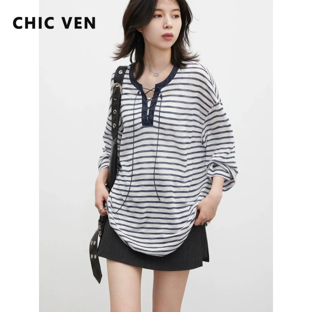 CHIC VEN Fashion Women T-Shirts New Loose Casual Color Contrasting Striped O Neck Long Sleeve Tees Pullovers Spring Autumn 2026