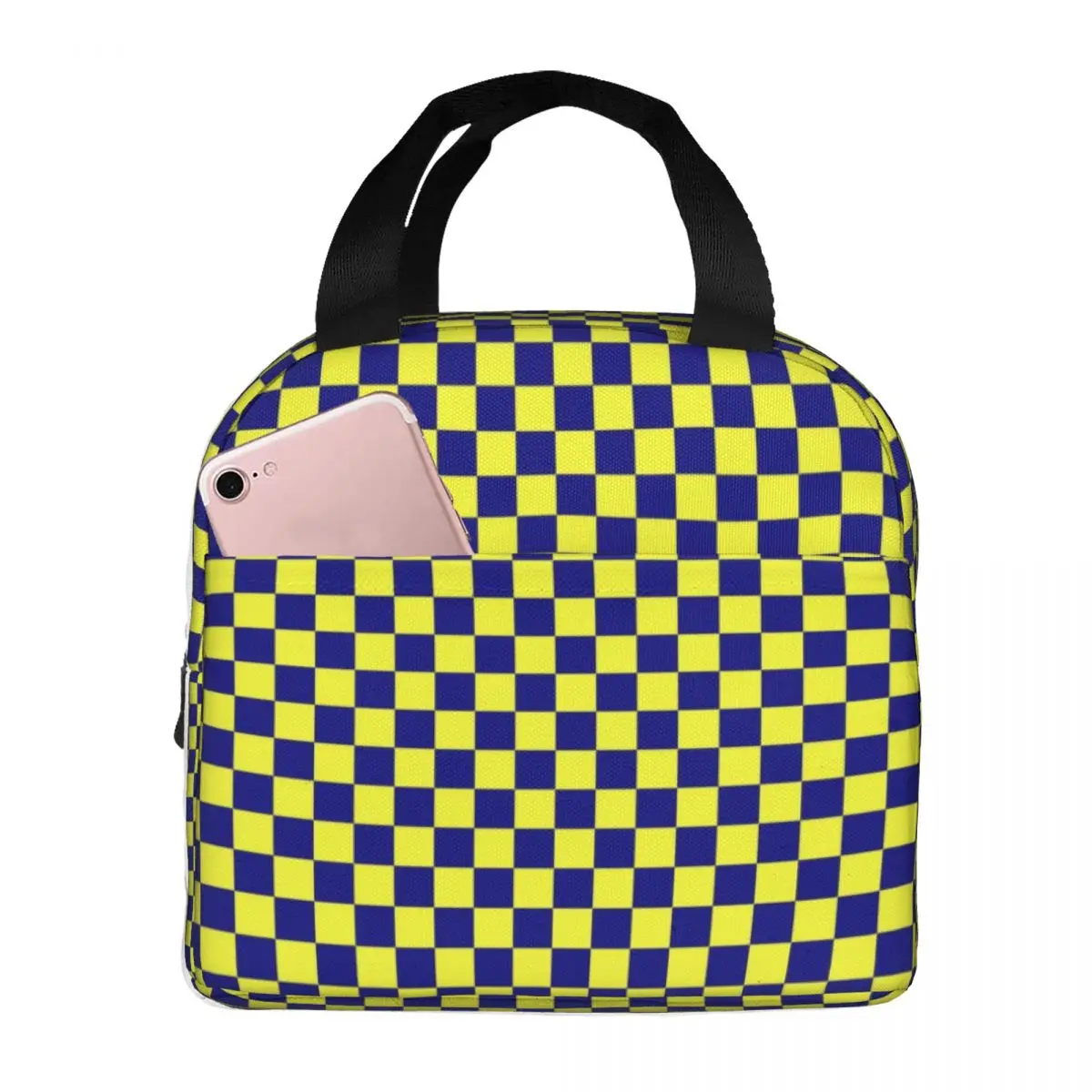 Electric Yellow And Navy Blue Checkerboard Plaid Insulated Lunch Bag for Women Resuable Cooler Thermal Lunch Box Work School