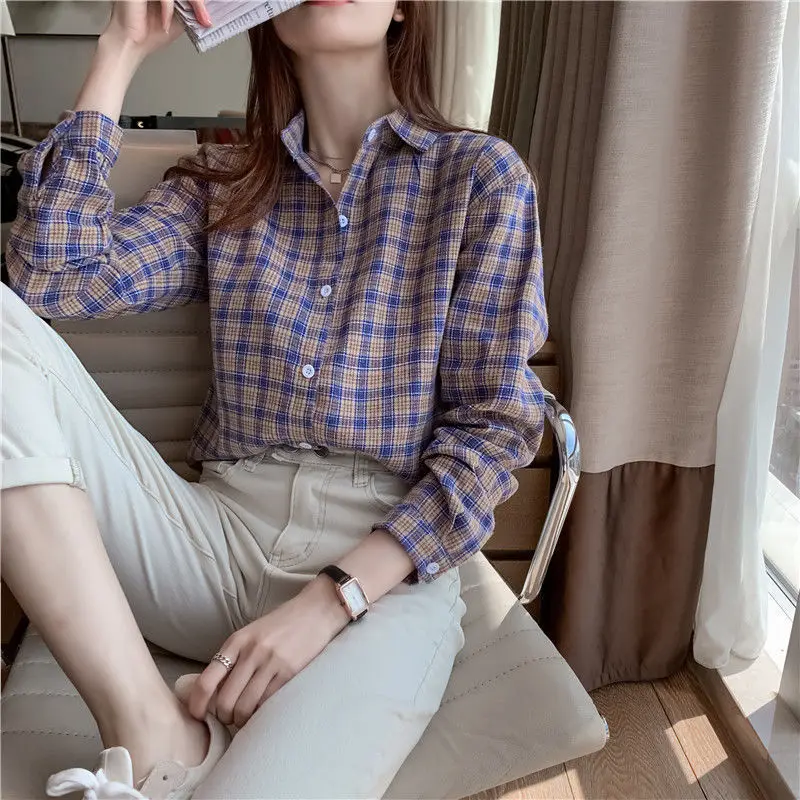 Women Shirt Thin Cotton Single Breasted Slim Office Lady Polo-neck Women\'s Clothing Long Sleeve Button Plaid Spring Autumn Trend