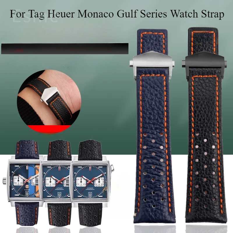 

High Quality Top Layer Calf Leather Watch Strap Black Blue for Heuer Tag Monaco Gulf Series Breathable Comfortable Watchband22mm