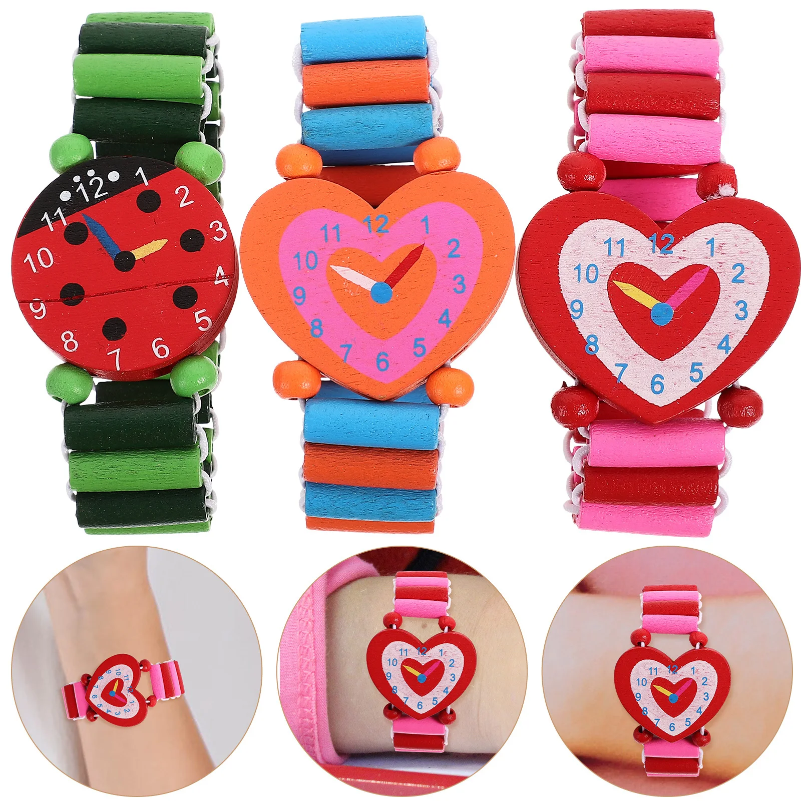

3pcs Wooden Cartoon Wristwatch Set For Kids, Simulation Wood Watch Gift, Eco-Friendly Paint Cute Playtime