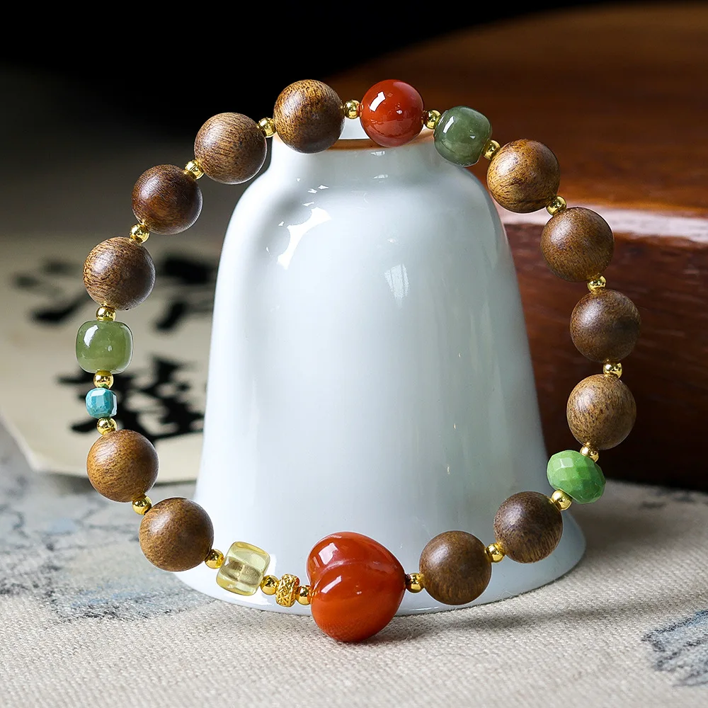 Original Design Green Chinaberry Sinking Wood Single Loop Bracelet Wushu and Tianyu Chinese Fart Peach Strings