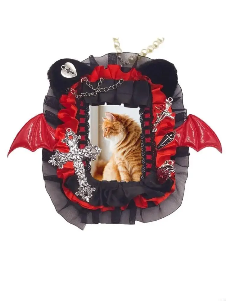 H37B Fledermausflügel -Photokardkoffer mit Perlenkette Teufel Fledermaus -Fotokartenanzeigehalter