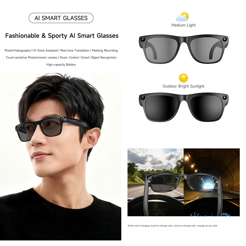 

XK ONE Mac Smart Camera Glasses 8MP Camera 1080p Video Recording Smart Color Changing AI Voice Assistant Translation Sunglasses