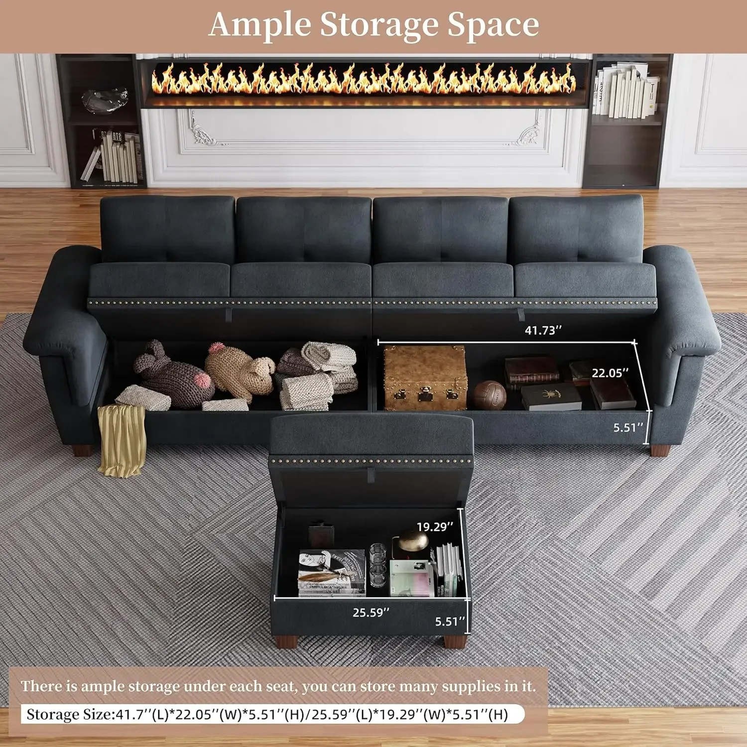 Jamfly Sofa ruang tamu, Sofa bentuk L dengan tempat penyimpanan, Sofa konvertibel 4 kursi dengan Ottoman