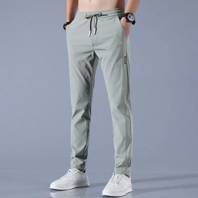 2024 new Men\'s Ice Silk Trousers Solid Color Mid-Waist Loose Breathable Straight-Leg Casual Pants Thin Quick-Drying Sports Pants