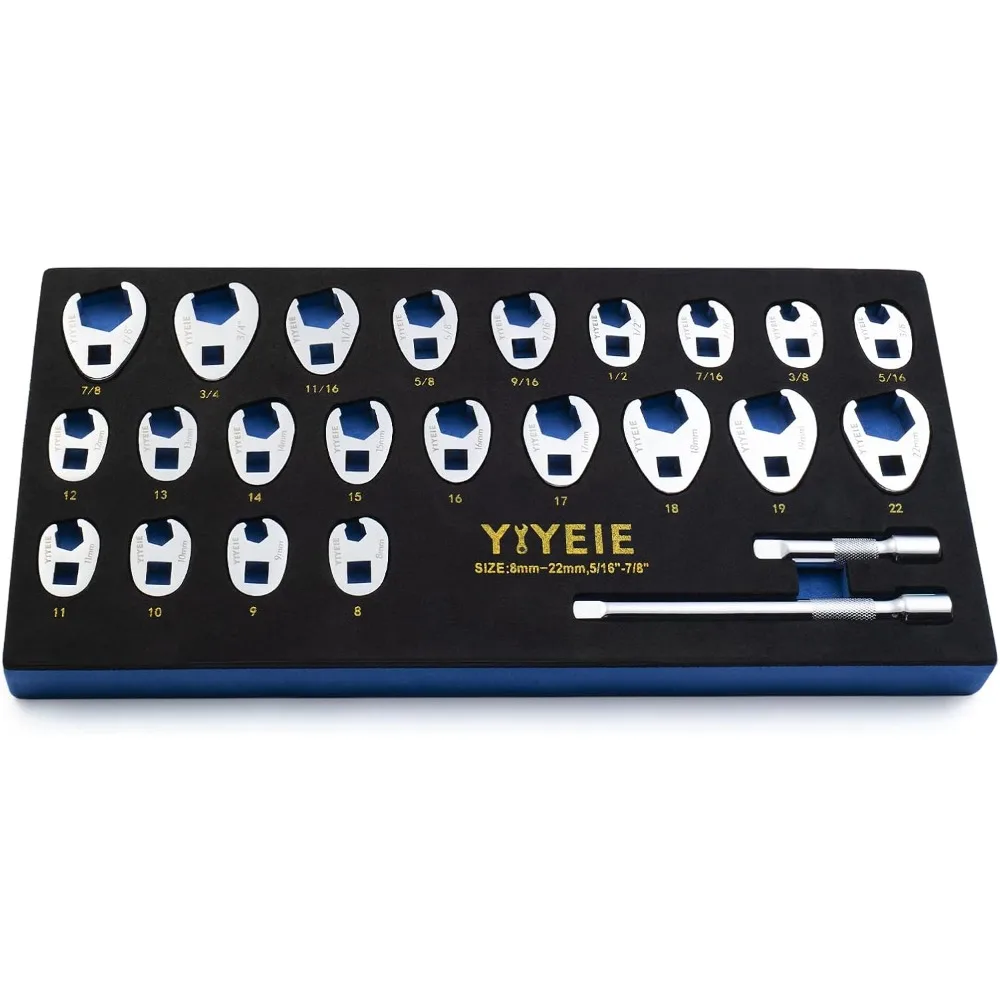 

3/8" Drive Crows Foot Wrench Set, 24PCS Flare Nut Crowfoot Wrench Set, Metric & SAE, 8-22mm & 5/16"-7/8", CR-V Steel, Crows