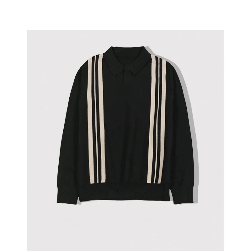 

Autumn and Winter Pullover American Retro Knitted Polo Shirt for Men Color-blocked Casual Sweater Lapel Top