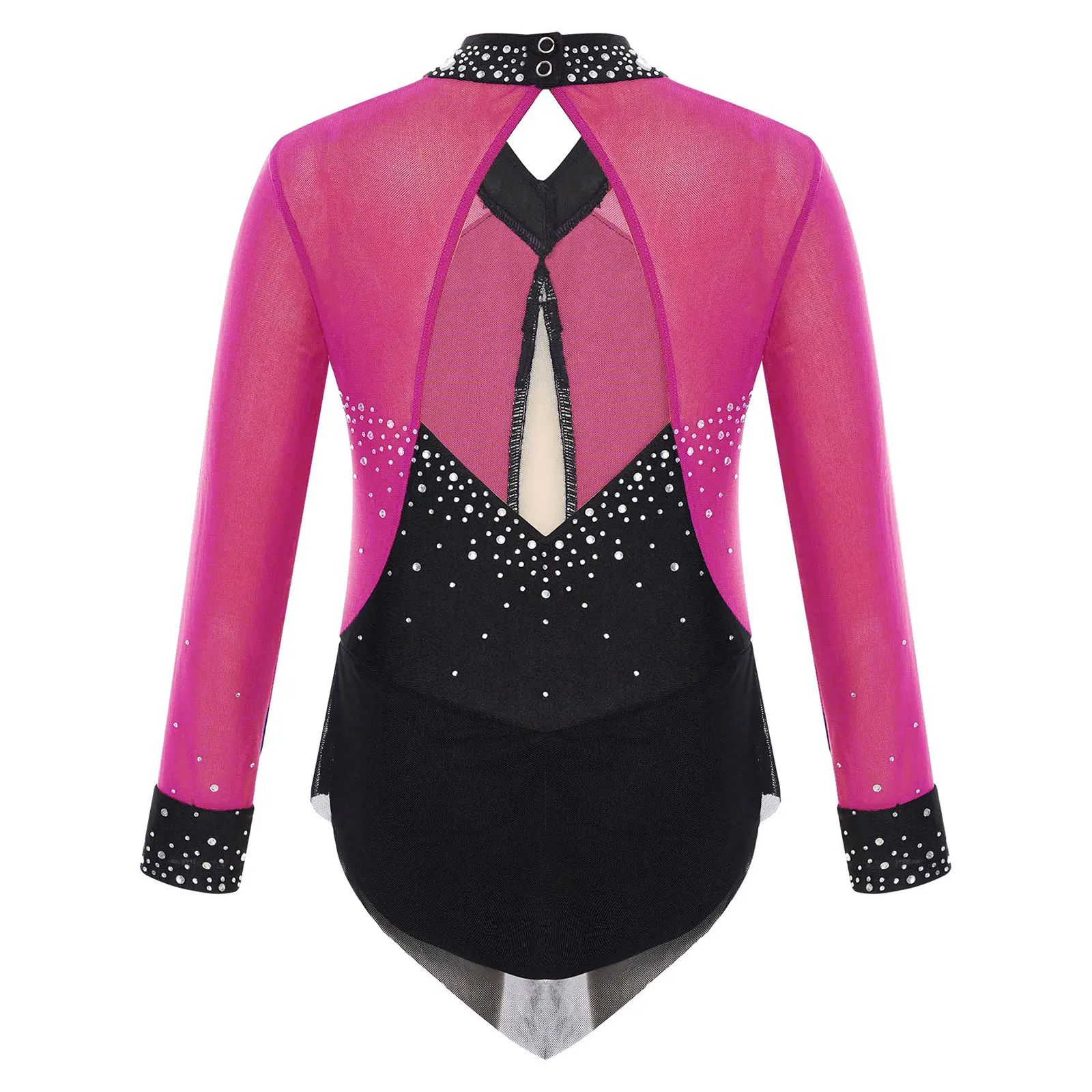 Kids Girls Rhythmic Gymnastics Figure Skating Dance Costume Sparkly Rhinestones Ballet Leotards Sheer Mesh Skirted Bodysuit