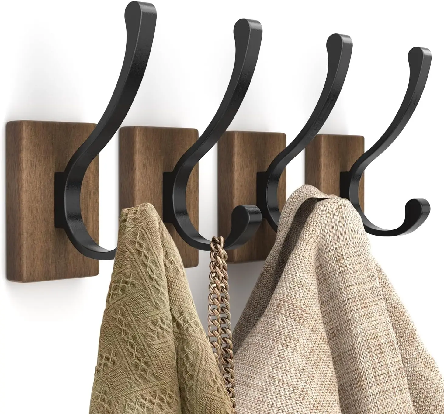 

Wood Wall Hooks for Hanging - 4 Pack Rustic Farmhouse Heavy Duty Coat Hooks with Double Hooks, for Towel Hat Keys Purse Bag Robe
