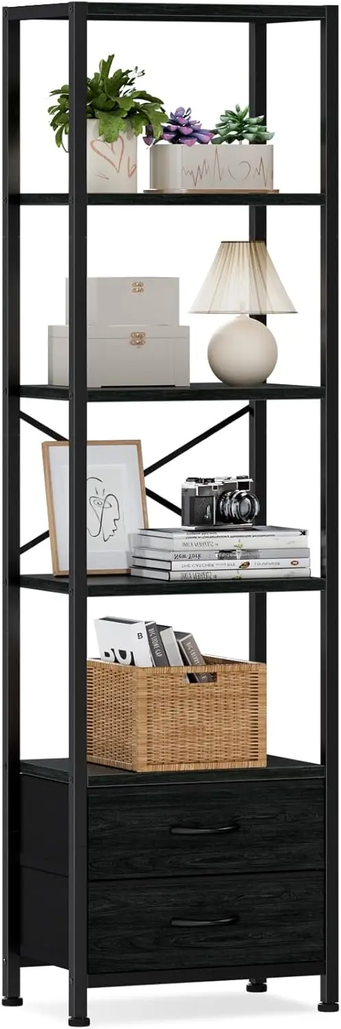 

5-Tier Corner Shelf, 65.16' Tall with 2 Drawers, Metal Frame Wood Display Shelf (Black Oak)