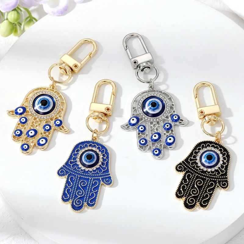 High Quality Evil Eye Keychain Enamel Lucky Turkish Crystal Hasma Fatima Hand Pendant Accessory For key Bag