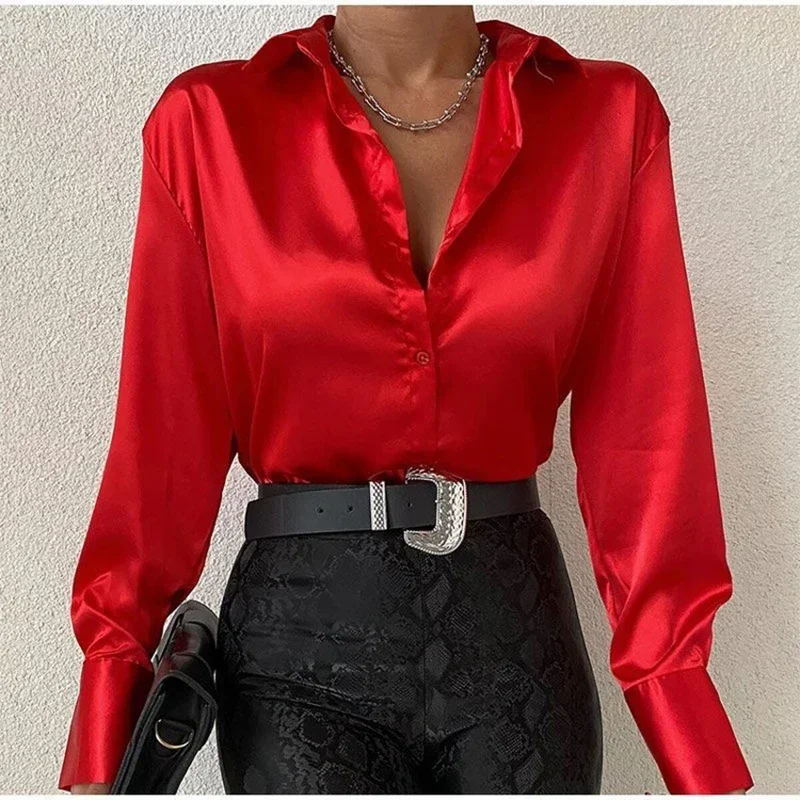 Casual Tops Fashion Vintage Orange Blous Blusas Mujer Elegant Satin Long Sleeve Women Blouses Solid Silk Shirt Women 22717