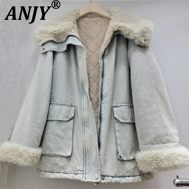 

ANJY, осенне-зимняя новая женская модная джинсовая парка с большими лацканами в стиле пэчворк, элитное элегантное трендовое утолщенное пальто на флисовой подкладке A13578