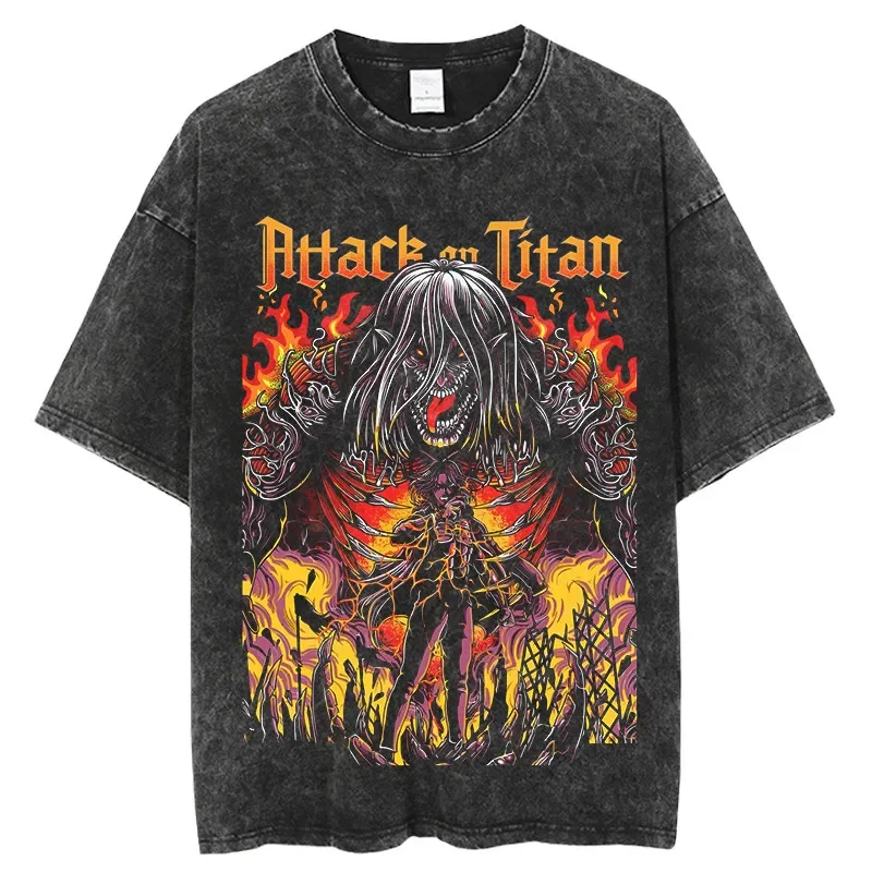 Attack on Titan Eren Yeager Founding Titan Printed T-shirt Men's and Women's Washed T-shirt High Quality Vintage Cotton T-shirt