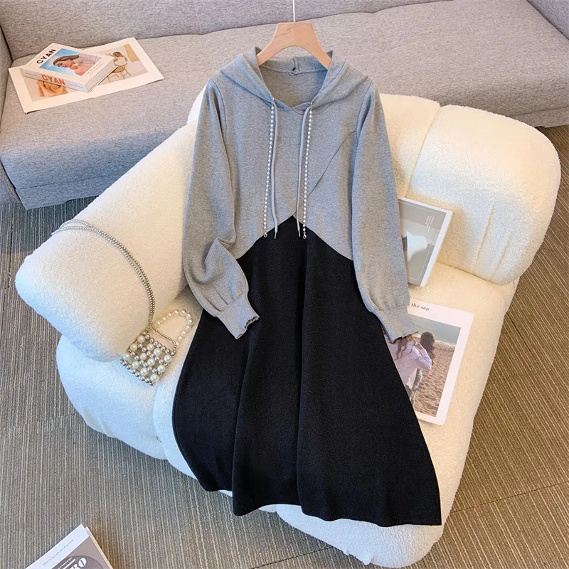 

Women's Dress Korean Style Contrast Color Patchwork Fake Two Pieces A-Line Loose Drawstring Autumn Hooded Dresses for 18-24Y