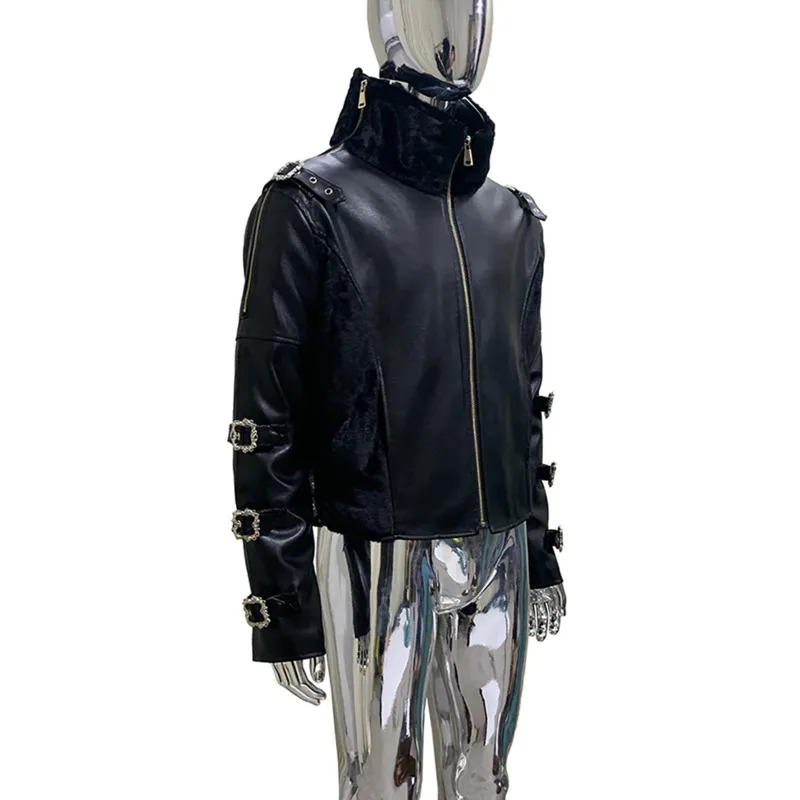 HKSH Women PU Leather Jacket Dark Style Punk Patchwork Fur Collar Zipper Design Elegant Stylish Niche Ins Men Thick Coat HK27960