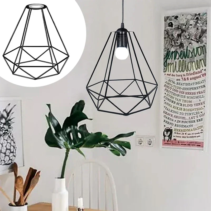 Iron Birdcage Lamp Cover Black Geometry Art Lampshade Metal Hanging Lamp Covers Single Line Diamond Lampshade Simple Decorations