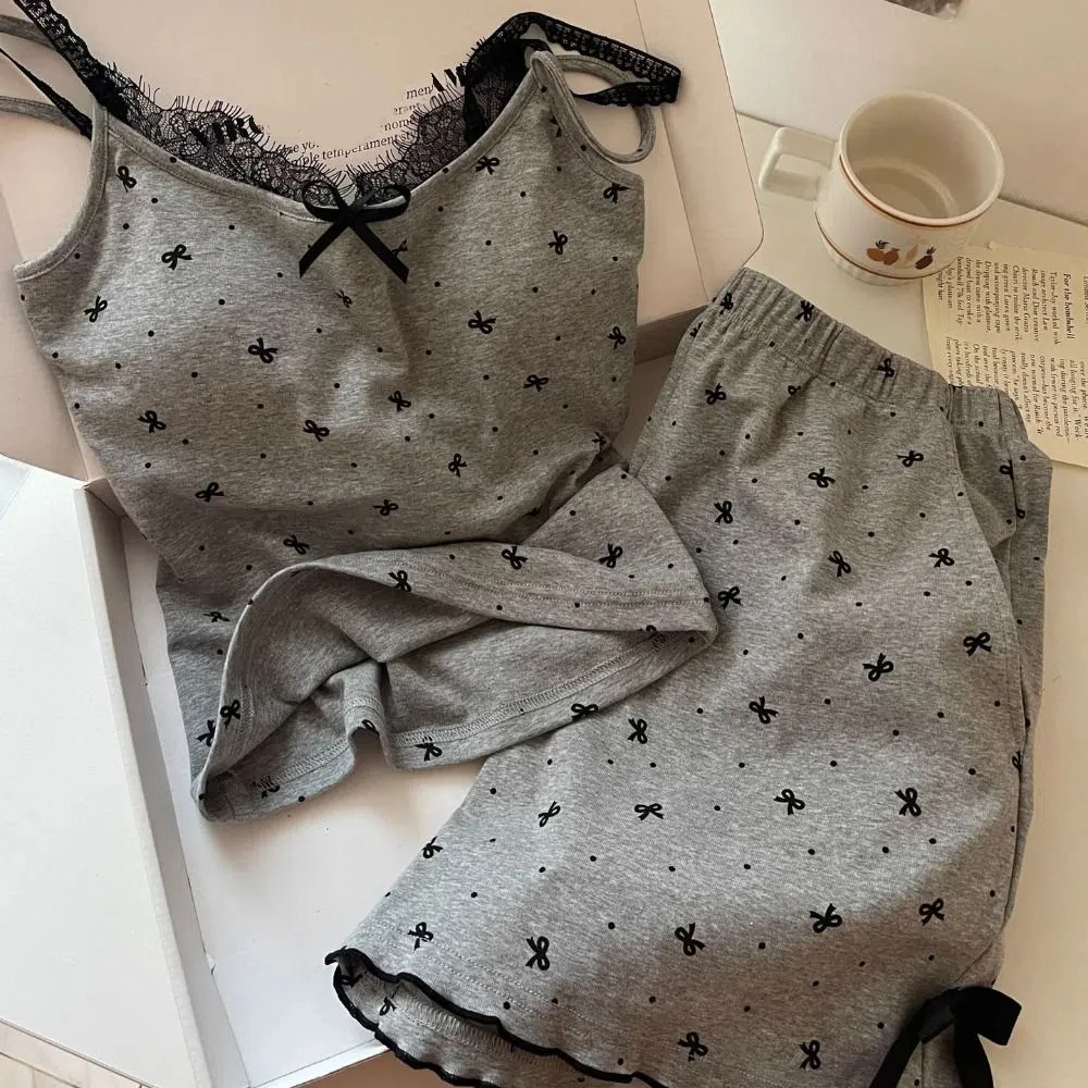 

Dot Lace Bowknot Pajama Suit with Pads Sleeveless Two Pieces Nightwear Women Homewear Square Neck Shorts Camisole Nightdress
