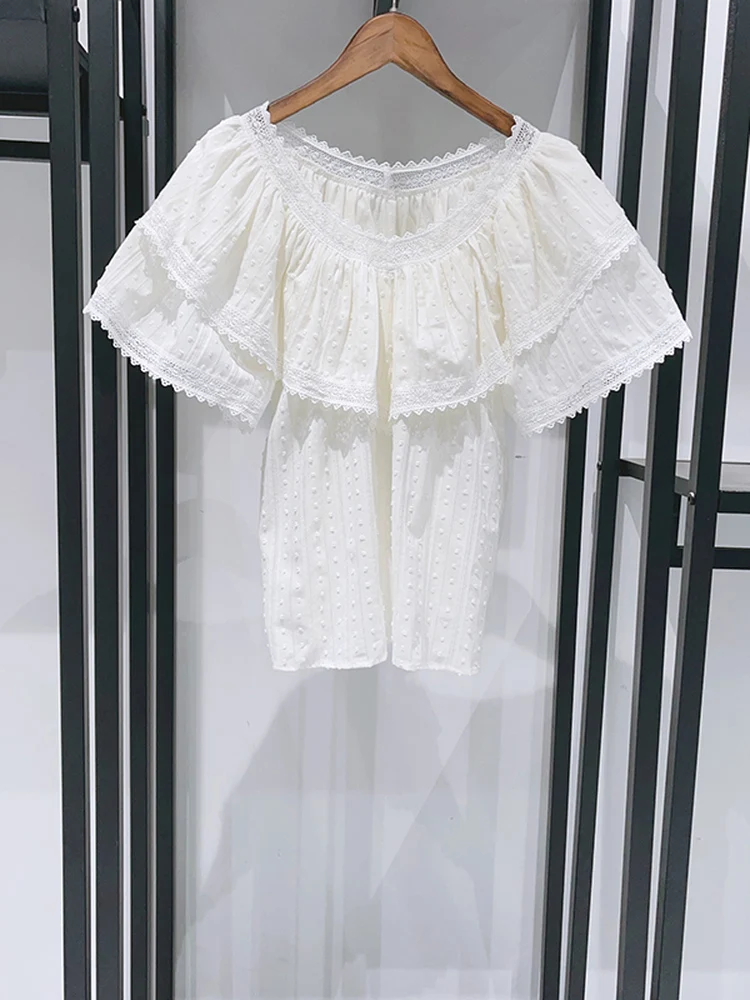 

Sweet Double Layer Lace Polka Dot round Neck Loose Cover up Shirt Spring Summer 2026 Women's Cotton Blend Moisture Wicking Bl...