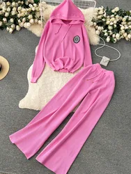 Leisure Sports Set Women's Autumn And Winter New Versatile Slim Pullover Hooded Knit Shirt+High Waist Wide Leg Long Pants Suits