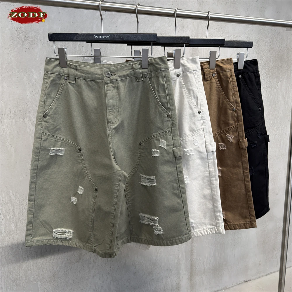 ZODF Retro Summer Men 310gsm Washed Cotton Shorts Unisex Hip Hop Cargo Pants Ripped Shorts Streetwears HY1268