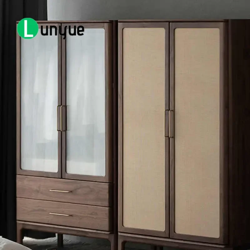 Nordic Modern Simple Black Walnut Solid Wood Rattan Wardrobe Small Flat Locker for Bedroom Household Storage Furniture