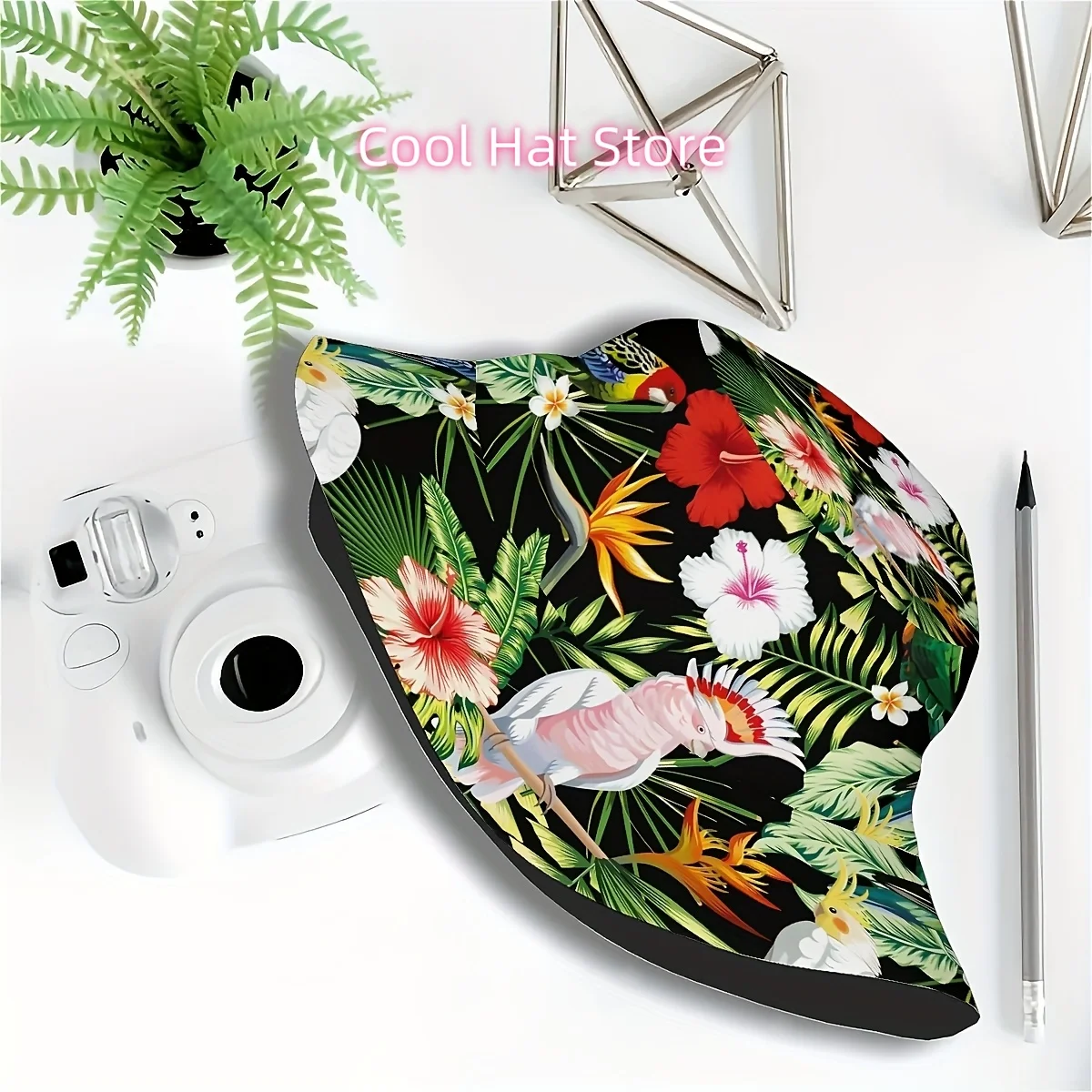 Unisex Printed Fisherman Hat Featuring a Pattern of Tropical Flowers And Leaves on a Black Background, Perfect for Outdoor Activ