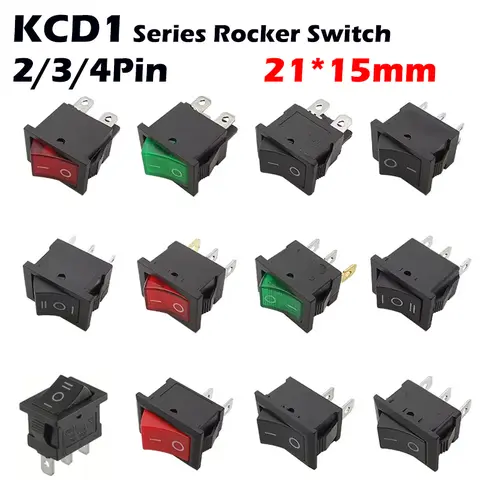 보트 카 로커 스위치 KCD1 시리즈 – 2/3/4핀 ON-OFF, 15mm x 21mm, 블랙/레드/그린, 6A 250V, 10A 125V AC, 100개 입찰