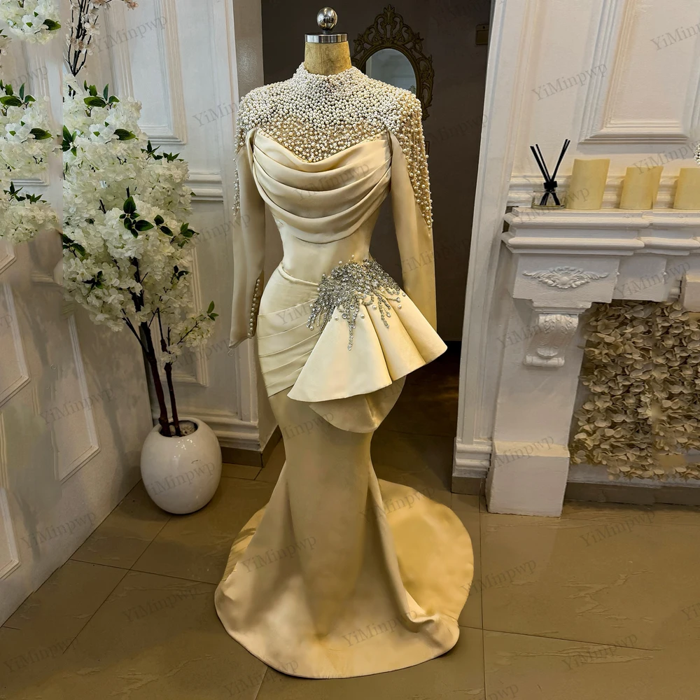 

Pearls Champagne Wedding Dresses Luxuries 2025 Pleat Crystals Full Sleeve Mermaid Bride Gowns Vestidos De Novias Customized