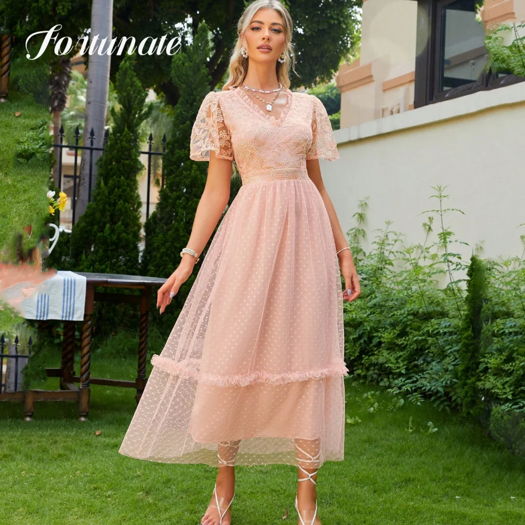 Short Pink Quinceanera Dress A-Line V-Neck Lace Appliques Mid-Calf Cocktail Party Evening Party Dress For Woman 2024 Customed