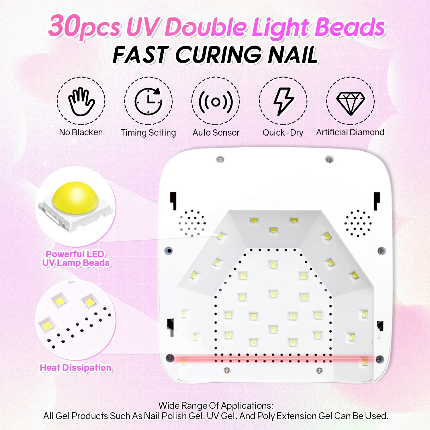 Professional ชาร์จ 72W 30LEDs UV LED แบบพกพาไร้สาย UV LED เล็บโคมไฟ 5 การตั้งค่าจับเวลาและ Smart Sensor เครื่องเป่าเล็บ