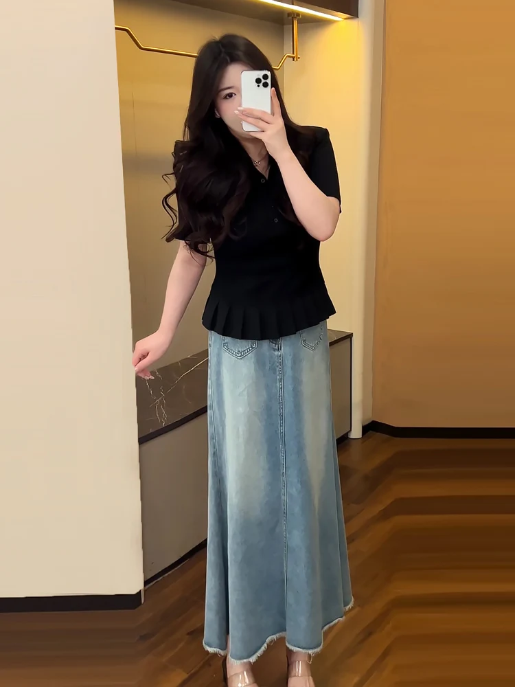 

Slim Fit ort Sve T-irt And High Waist A-Line Skirt Summer Faion Set plus Size Women's Korean Sle Ensemble