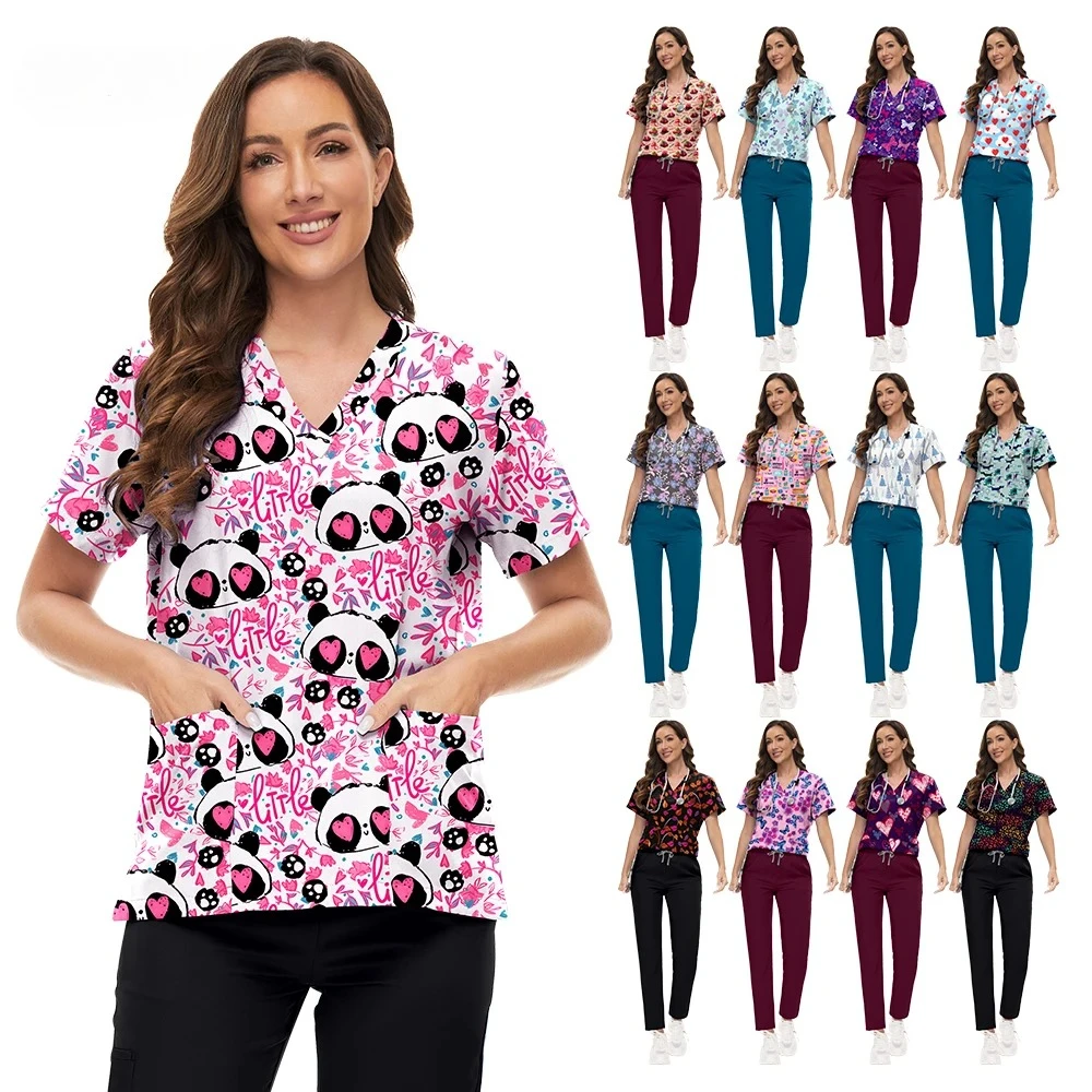 

Scrubs Set Women Nursing Articles Doctor Nurse Surgical Uniform Pharmacy Clinic Healthcare Workwear Elastic Printed Scrub Unisex